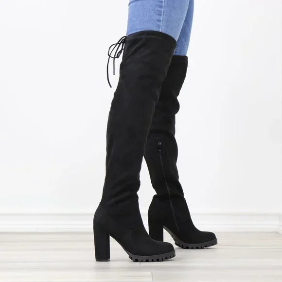 Black Thigh High Boots Over The Knee Block Lug High Heel Faux Suede Round Toe - Picture 5 of 13